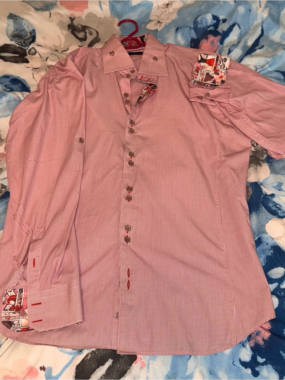 Jared Lang Pink Micro-Check Button-Down Shirt with Printed Trim